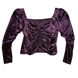 Express Velvet Long Sleeve Square Neck Ruched Plum Purple Blouse XL
